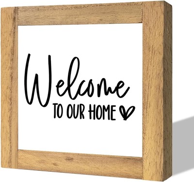 Welcome Sign, Wooden Box Signs for Home Decor, 5.9*5.9 Inch, Yellow 