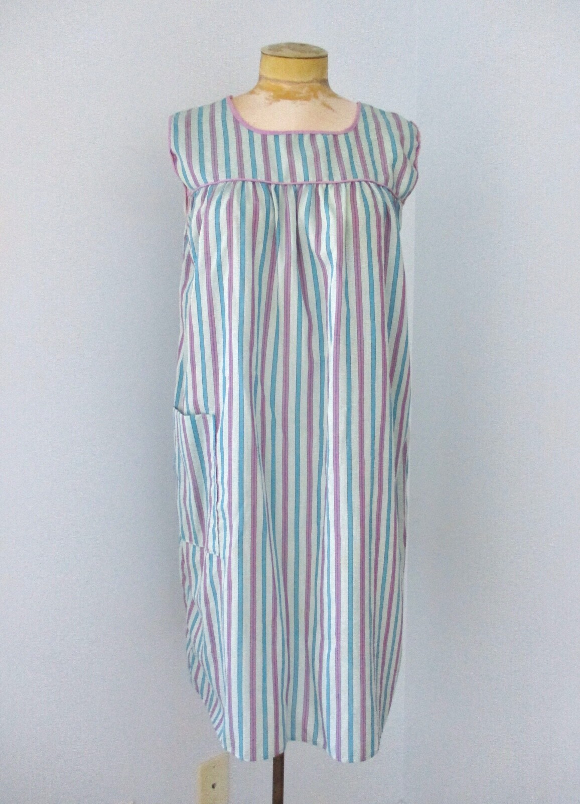 Vtg 70s Blue Purple Stripe Cotton Sleeveless MuuMuu Day House Dress