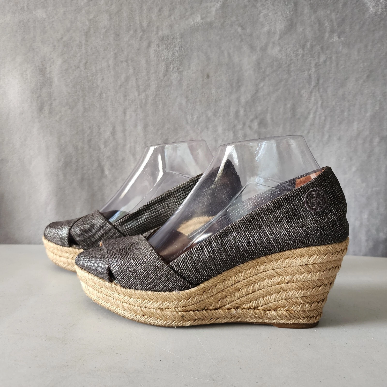 Scarpe espadrillas Tory Burch donna tacco 9 zeppa punta aperta grigio shimmer Filipa