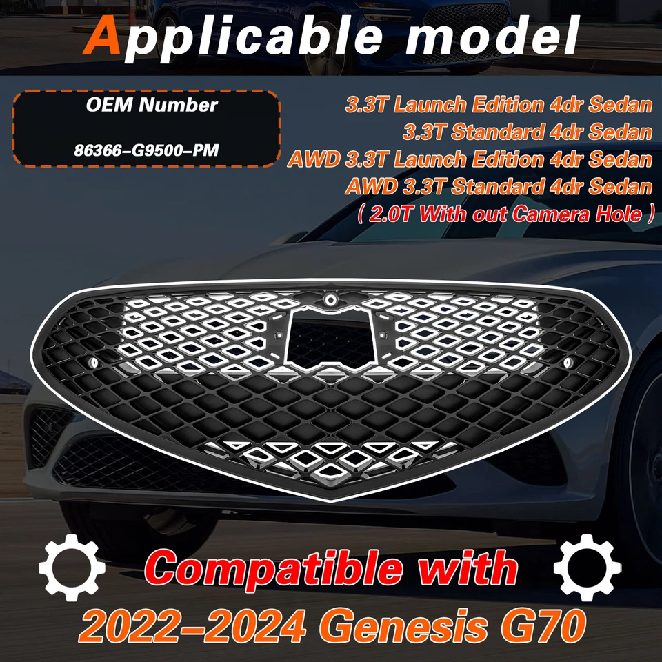 Front Grille Gloss Black For GENESIS G70 2022-2024 With Sensor Hole&Camera Hole - Изображение 3 из 4