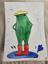 Watercolour Painting 5"x7" Original Work In Sleeve FROG In Wellies - Vicki 2024