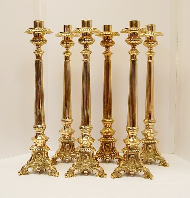 TRADITIONAL SET OF 6 BRASS CHURCH ALTAR CANDLESTICKS 22" TALL 119