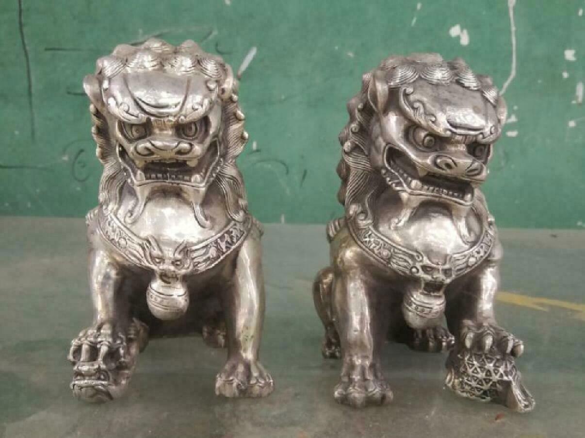 Rare Chinese tibet Silver Guardian Lion Foo Fu Dog Statue Pair | eBay