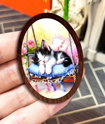 Dollhouse Miniature Wooden Oval Picture Sleeping Kitty Cat 1/12
