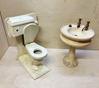 OOAK Antique Handmade Doll Bathroom VTG Carved Wood Toilet & Sink 1900-1920s? — photo 1