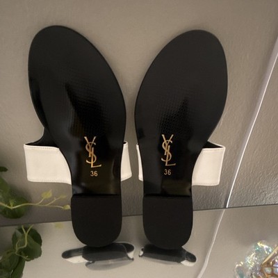 Saint Laurent Women's Leather Logo Slide Sandals White/Black EU 36 US 6 M