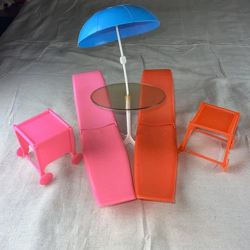 VTG 1980 Barbie Dream Pool Patio Recliner Serving Hostess Tea Cart Umbrella Tabl