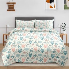 Queen Size Comforter Set with 2 Pillowcases, Cute Coastal Ocean Corals Sea Sh...
