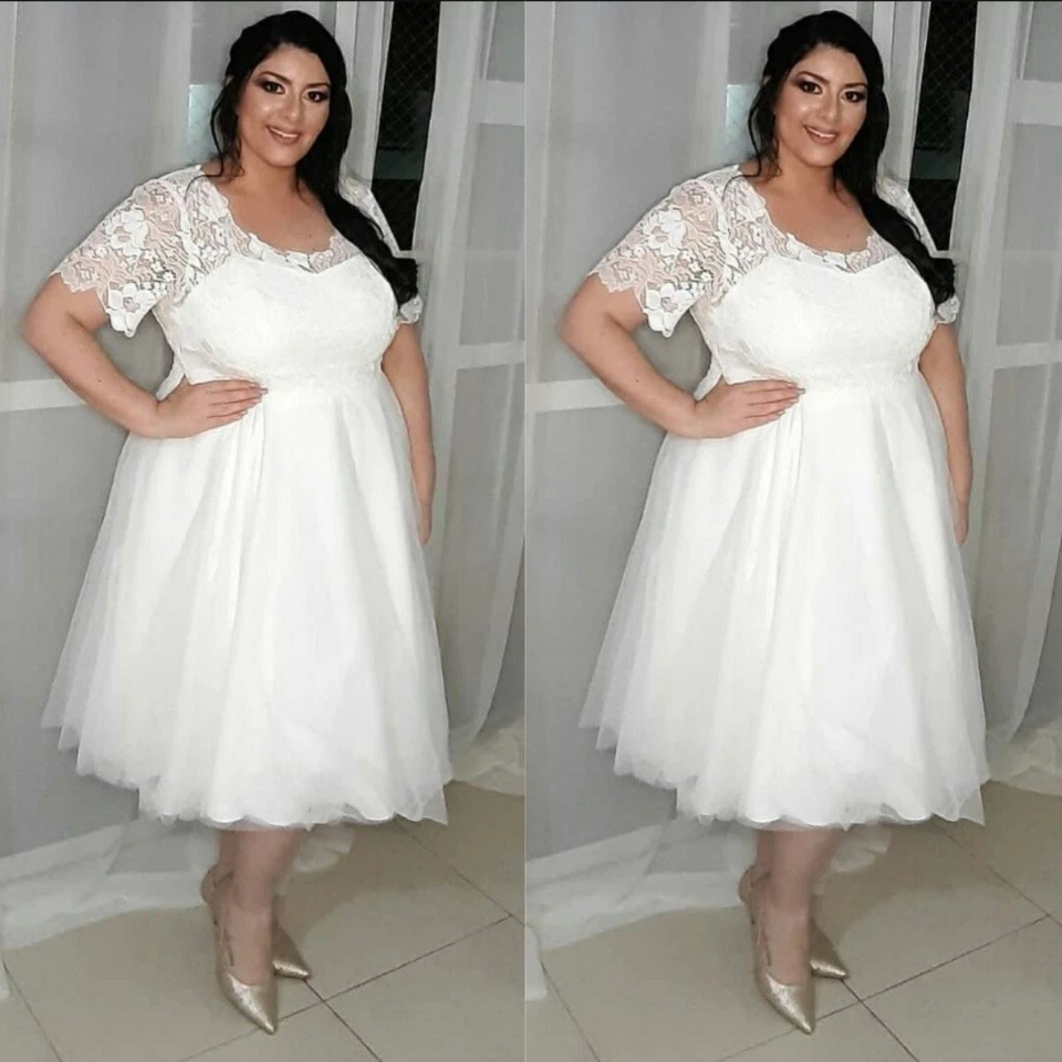 Plus Size Short Wedding Dresses Mid-Calf Short Sleeve Lace Applique Bridal Gowns - Image 3 of 4