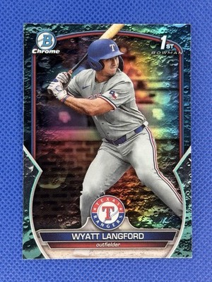 2023 Bowman Draft Wyatt Langford 1st Chrome Aqua Lunar Refractor 039/125 Rangers