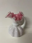 VINTAGE Fenton Silvercrest White Pink Ruffled Beaded Melon Pitcher Vase 6.5’’