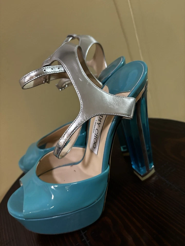  Jimmy Choo Tacones Altos Azul Charol Plataforma Talla 36 1/2 Hecho en Italia  Foto 2 de 4