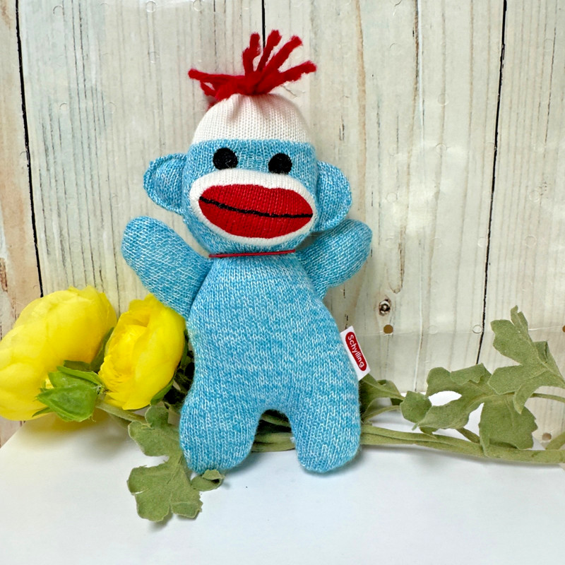 Schylling Sock Monkey Baby Plush Lovey Blue White Hat Red Yarn Hair Mouth