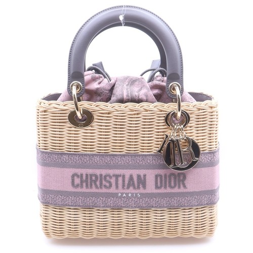 Christian Dior Lady Dior Wicker Medium 2WAY Handbag Shoulder Bag Beige Pink Raff