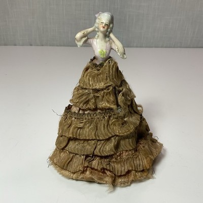 Antique German Half Doll on Metal Cage Form w/ Lace Skirt 6in tall