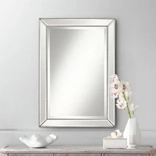 Roseau Rectangular Wall Mirror Modern Beveled Beaded Silver Frame 24" Wide House