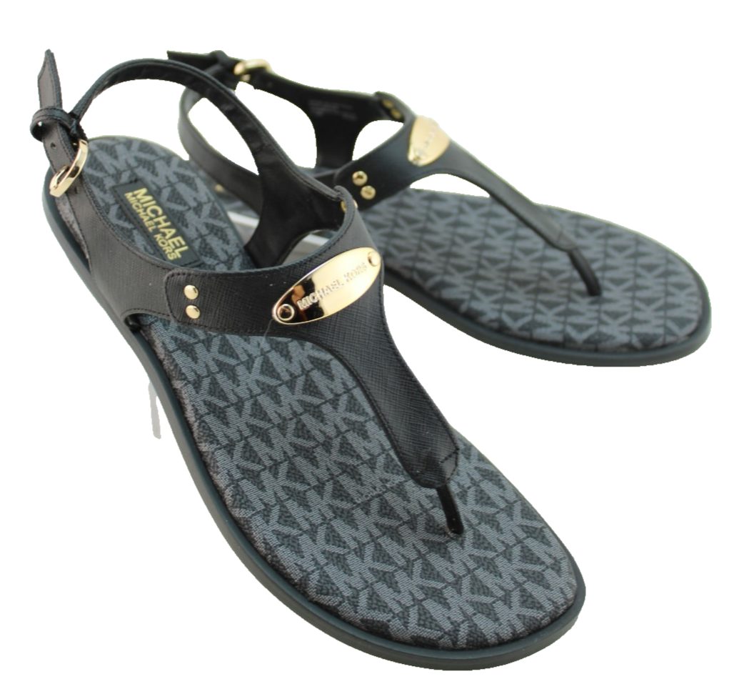 MICHAEL KORS Size 7.5 MK Plate Logo Thong Black Leather Women