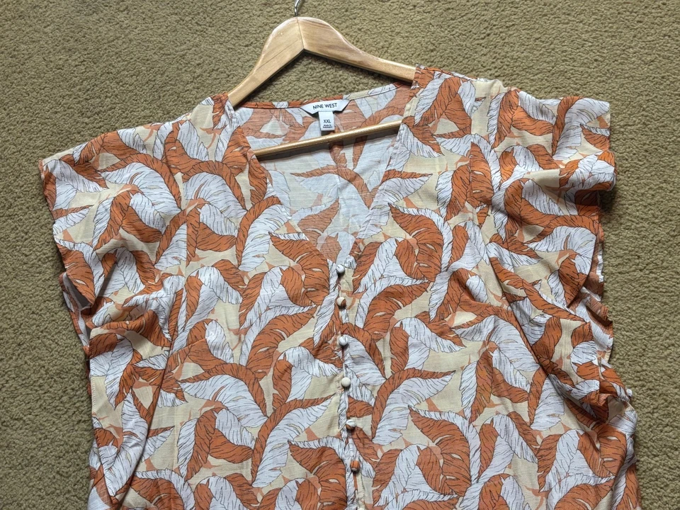 Blusa Top Nine West Manga Volantes Naranja Tropical Hoja Botón Frontal Relajada 2XL Foto 2 de 4