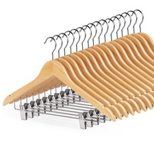 HOUSM 16Pack Wooden Skirt Hangers with Clips, Solid Wood Pants Hangers, Natur...