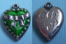 Vintage enamel green bow and ribbon "JB" puffy heart sterling charm