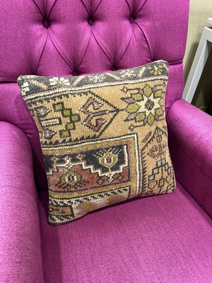 Vintage Rug Pillow Cover 16x16, Handmade Turkish Cushion Case, Home Decor Pillow - Image 2 of 4