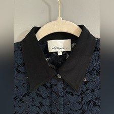 3.1 Phillip Lim Navy Floral Lace Blouse Silk Trim Button Down Shirt Womens Sz 2