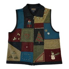 Woolrich Womens 100 L Lambswool Christmas Winter Holiday Vest Embroidered Patch