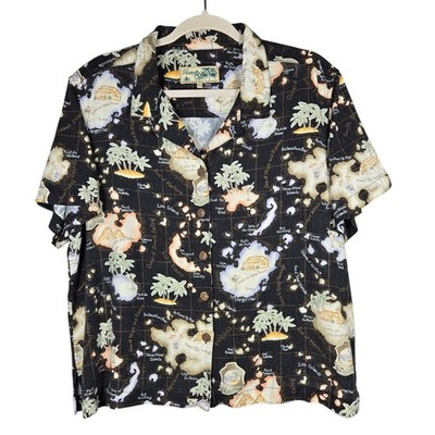 Havana Jacks Cafe XL Hawaiian Shirt Black Tropical Island Map Rayon Coconut Tiki