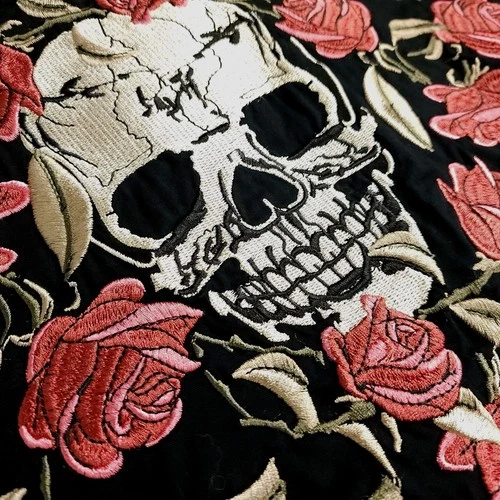 Western Pearl Snap XL Skull Floral Embroidered Jet Black Shirt Long Sleeves