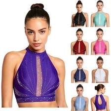 Women's Rhinestone Lyrical Dance Crop Top Sleeveless Keyhole Back Pullover Top