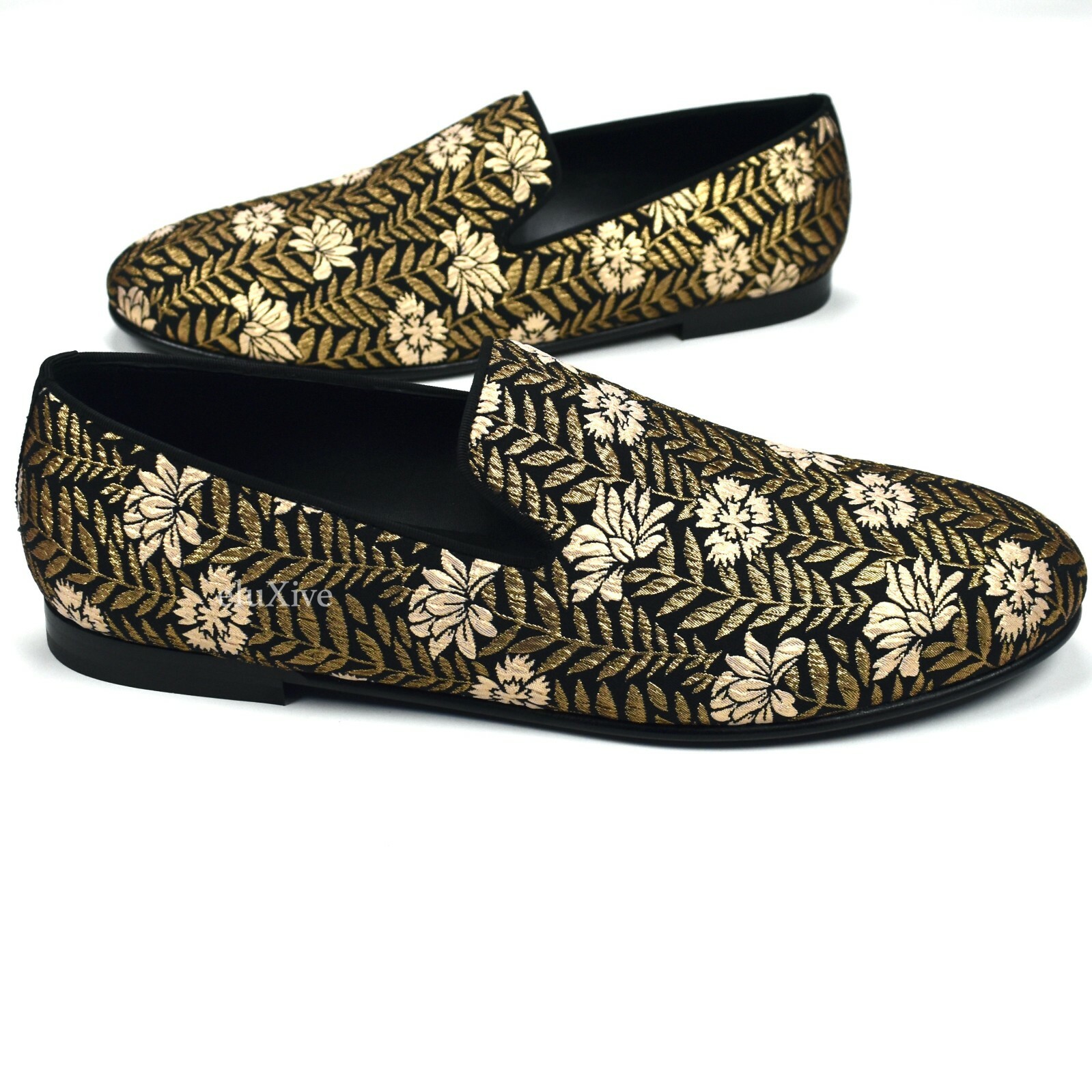 PANTOFOLA D’ORO Mocassini Pantofole Dolce & Gabbana Oro Nero Tessuti Floreali Nuovi con Etichette 9 5 AUTENTICI