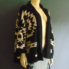 Iris Black White Southwest Aztec Mohair Open Swing Cardigan Sm M