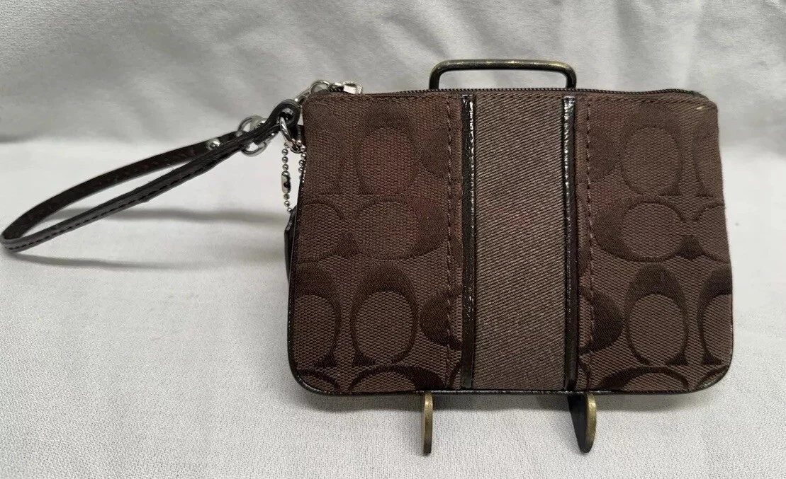 Coach Signature Stripe Marrone Cioccolato Polsino Piccola Pochette 6” X 4” Cerniera