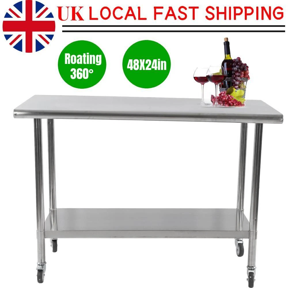 48X24in Stainless Steel Workbench Rolling Kitchen Prep Work Table Wheels UK