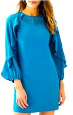 Lilly Pulitzer Leni Peacock blue embroidery beaded ruffle shift dress 4 NWT