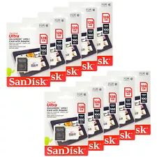 SanDisk Ultra MicroSD 128GB UHS-I Class 10 Card W/Adapter 100Mb/s Lot of 10 Pack