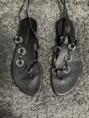 ANTONIO MELANI BLACK LEATHER FLAT LACE UP SANDALS WITH SILVER METAL HOOPS  SIZE
