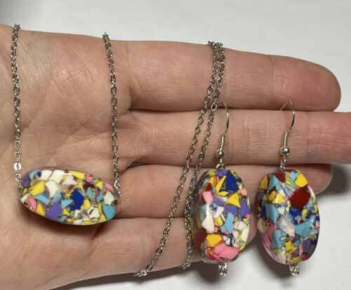 Vintage Acrylic Confetti Earrings Chunky Dangle Rainbow Necklace Set SS814