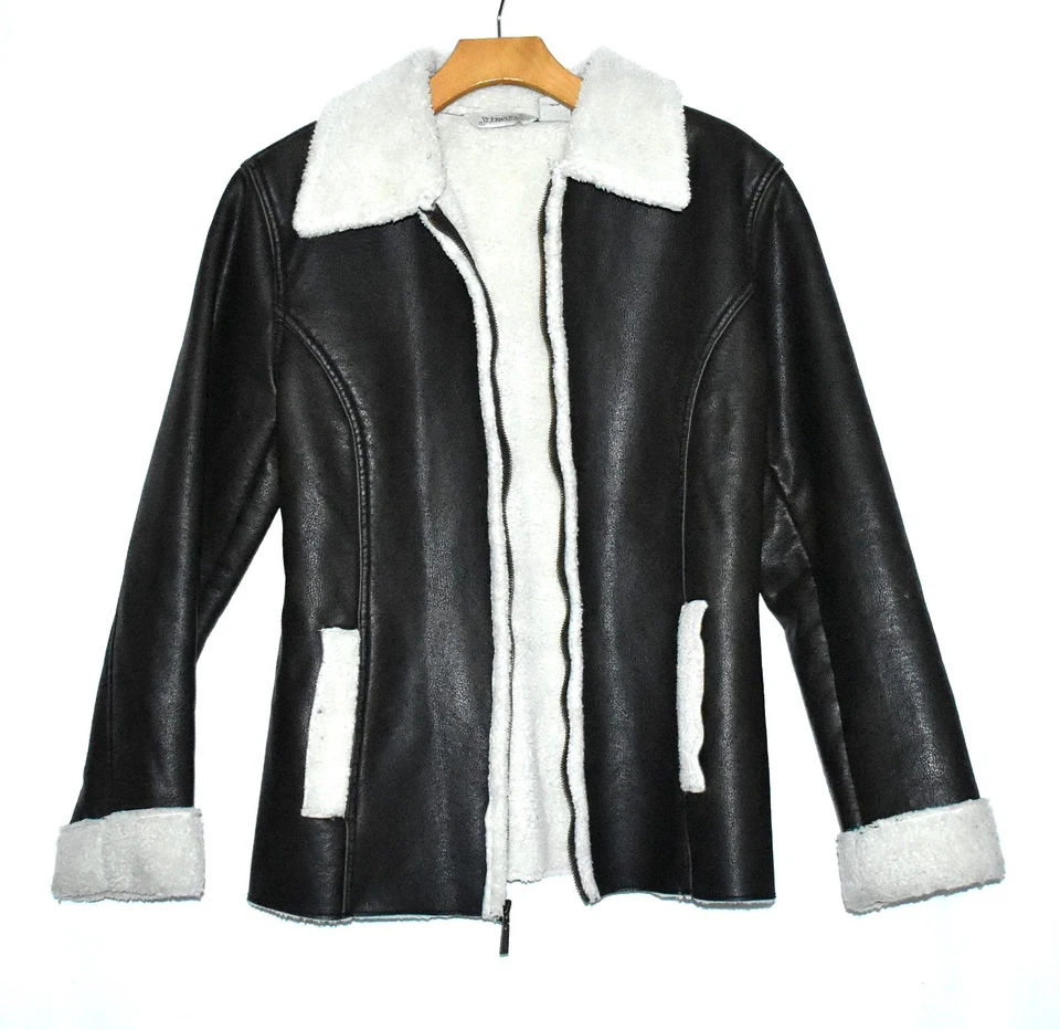 Chaqueta para mujer St Johns Bay marrón oscuro imitación cuero forrada de lana con puños talla S1 S Foto 3 de 4