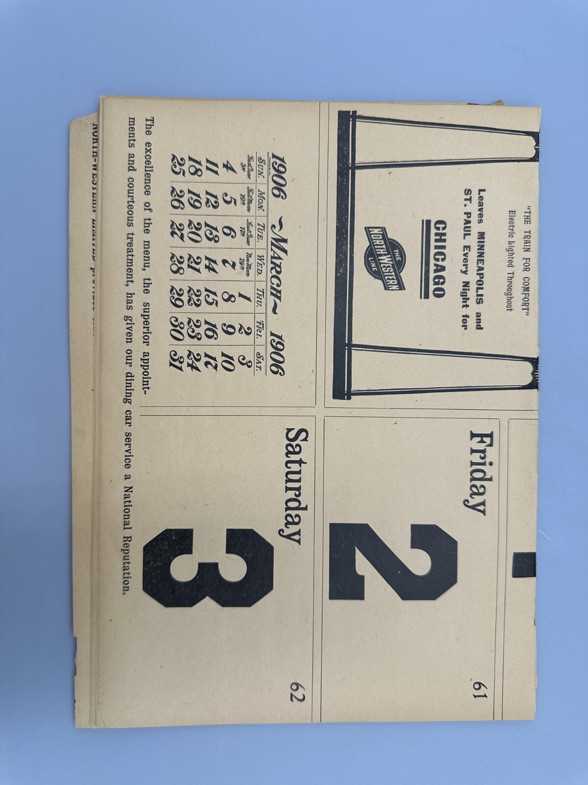 1906 CHICAGO NORTH WESTERN Railway RAILROAD DEPOT Calendar Complete MARCH Antque