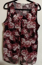 Womens Sleeveless Tank Blouse Womens 1X Layered Tank Top Red Floral Pull Over