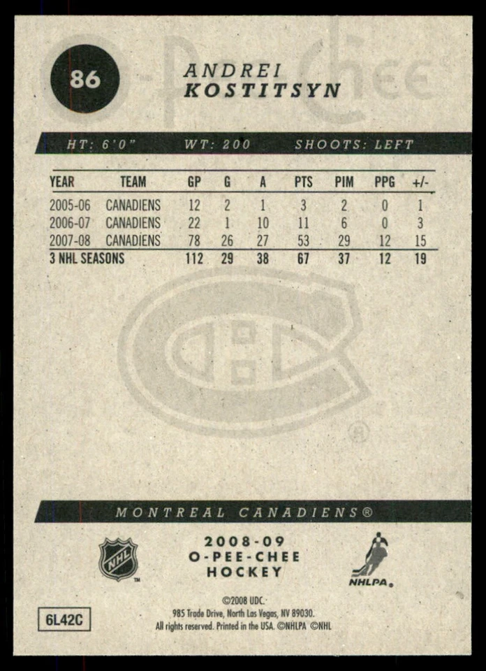 2008-09 O-Pee-Chee Andrei Kostitsyn #86 - Image 2 of 2