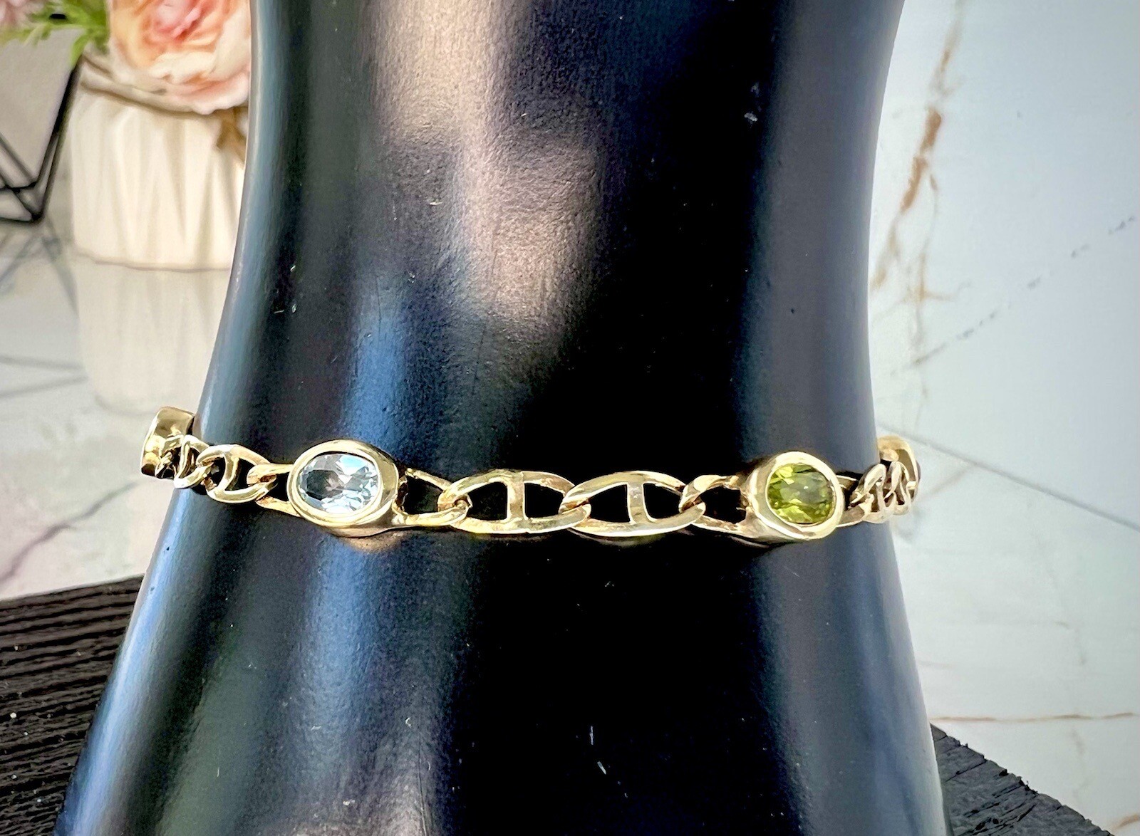 14k Solid Gold Vintage Jewelry Multi Gemstones Bracelet