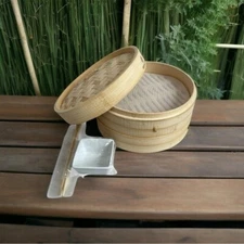 KitchenCrust 2-Tier Steamer Set Bamboo Steamer with Chopsticks & Sauce Dish