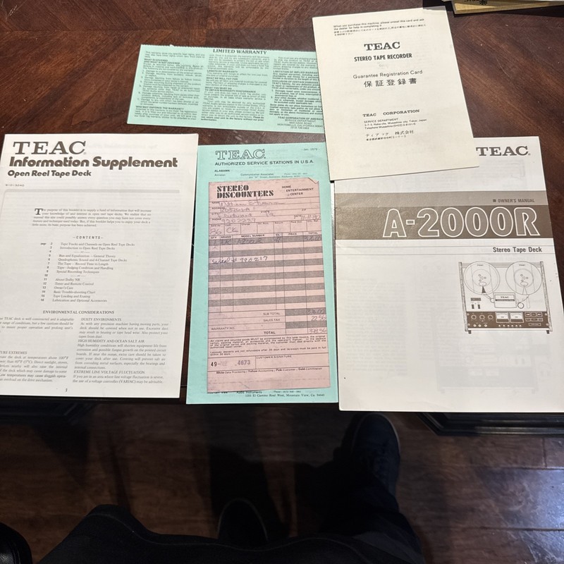 TEAC A2000R Original Owners Manual Warranty Cards