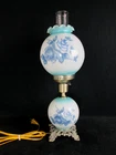 Vtg. Milk Glass 3-way Hurricane Table Lamp Blue Rose/Floral Gone with the Wind