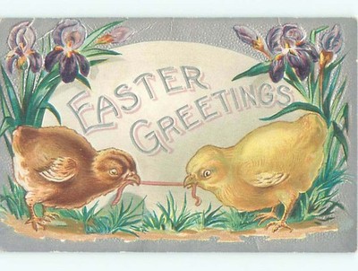 Pre-Linen Easter CUTE CHICKS FIGHTING OVER A WORM AB3890
