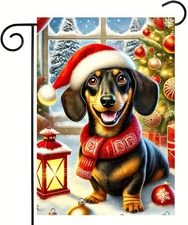 Merry Christmas Garden Flag 12X18 Double Sided Winter Dachshund Dog Garden Flag 