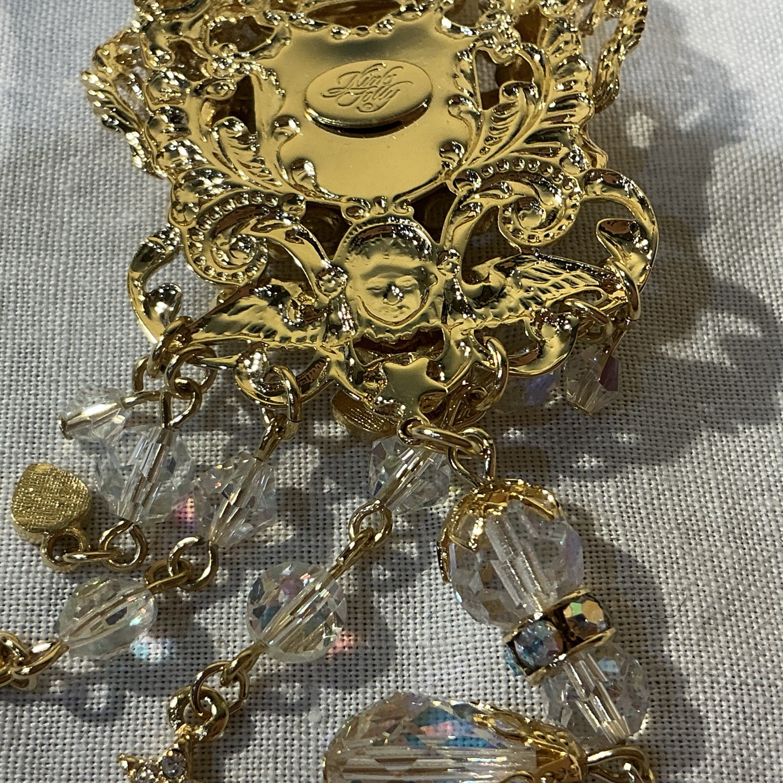 Kirks Folly QVC Medieval Gold Tone AB Crystal Heart Dangle Pin Brooch Necklace