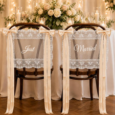 Just Married Wedding Chair Signs Set of 2, Lace Bride and Groom Chair Back
